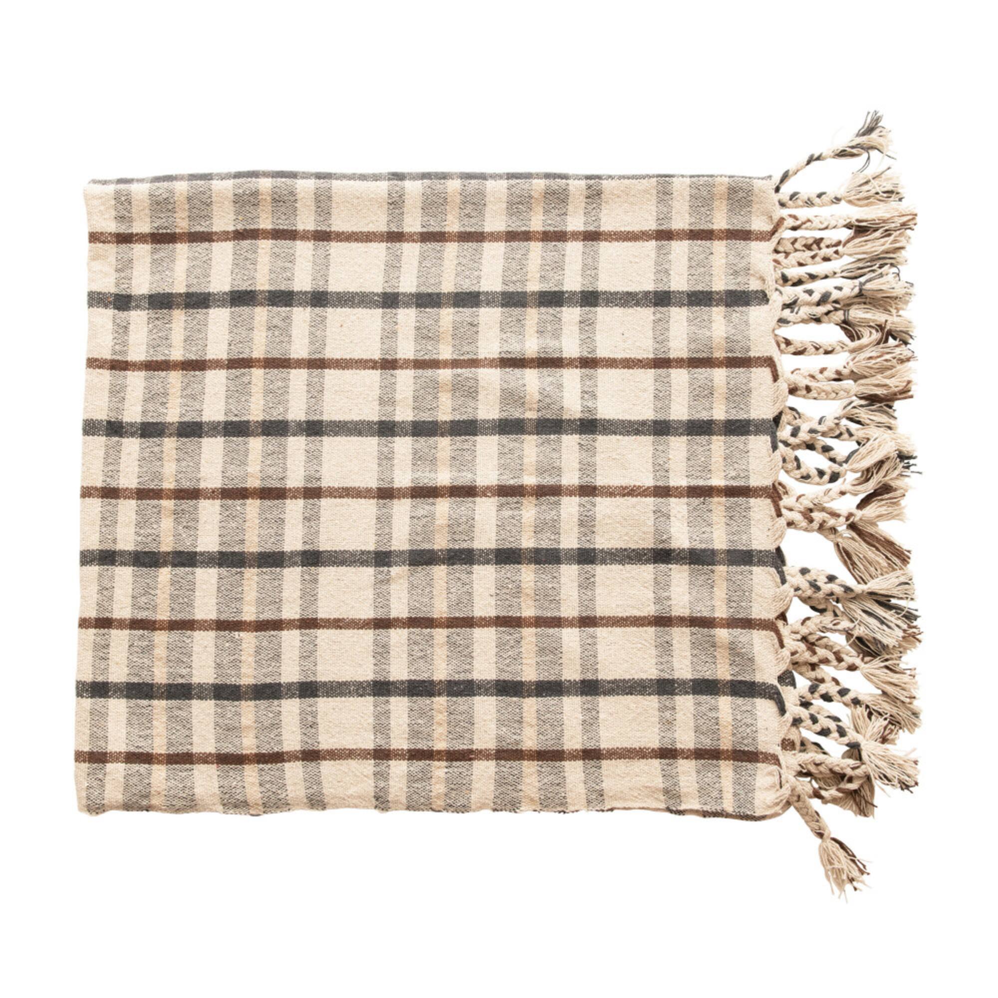 Hello Honey® Charcoal & Brown Woven Recycled Cotton Blend Plaid Throw with Tassels
